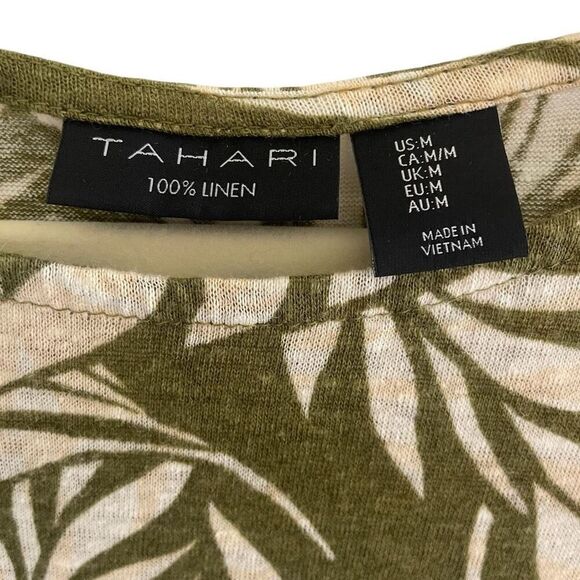 Tahari 100% Linen Palm Leaf Print Short Sleeve Top Women’s Size Medium Beach - Picture 2 of 4